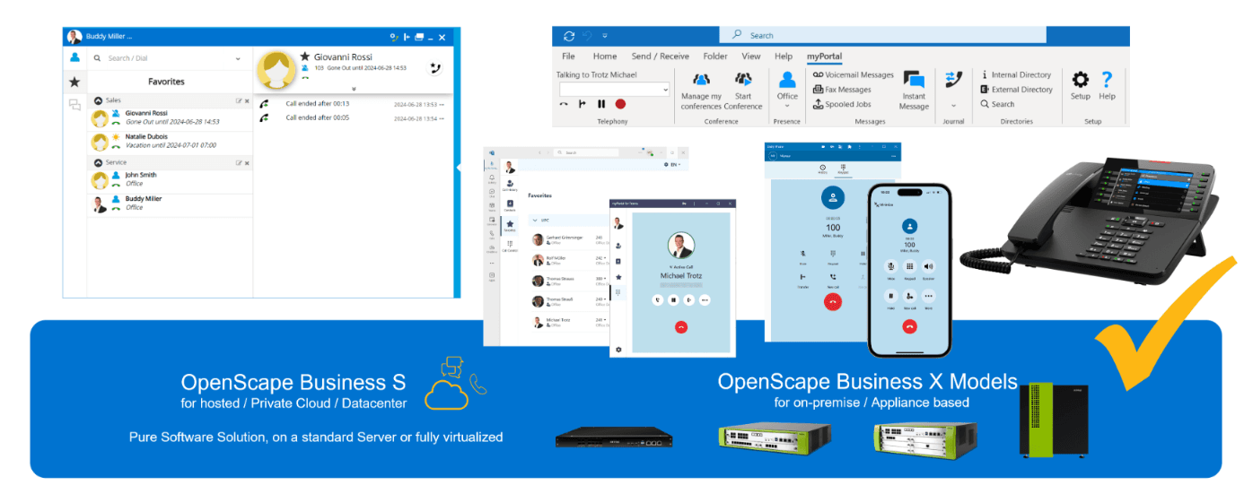 OpenScape Business uygulamaları, masaüstü telefon ve mobil iletişim seçenekleri